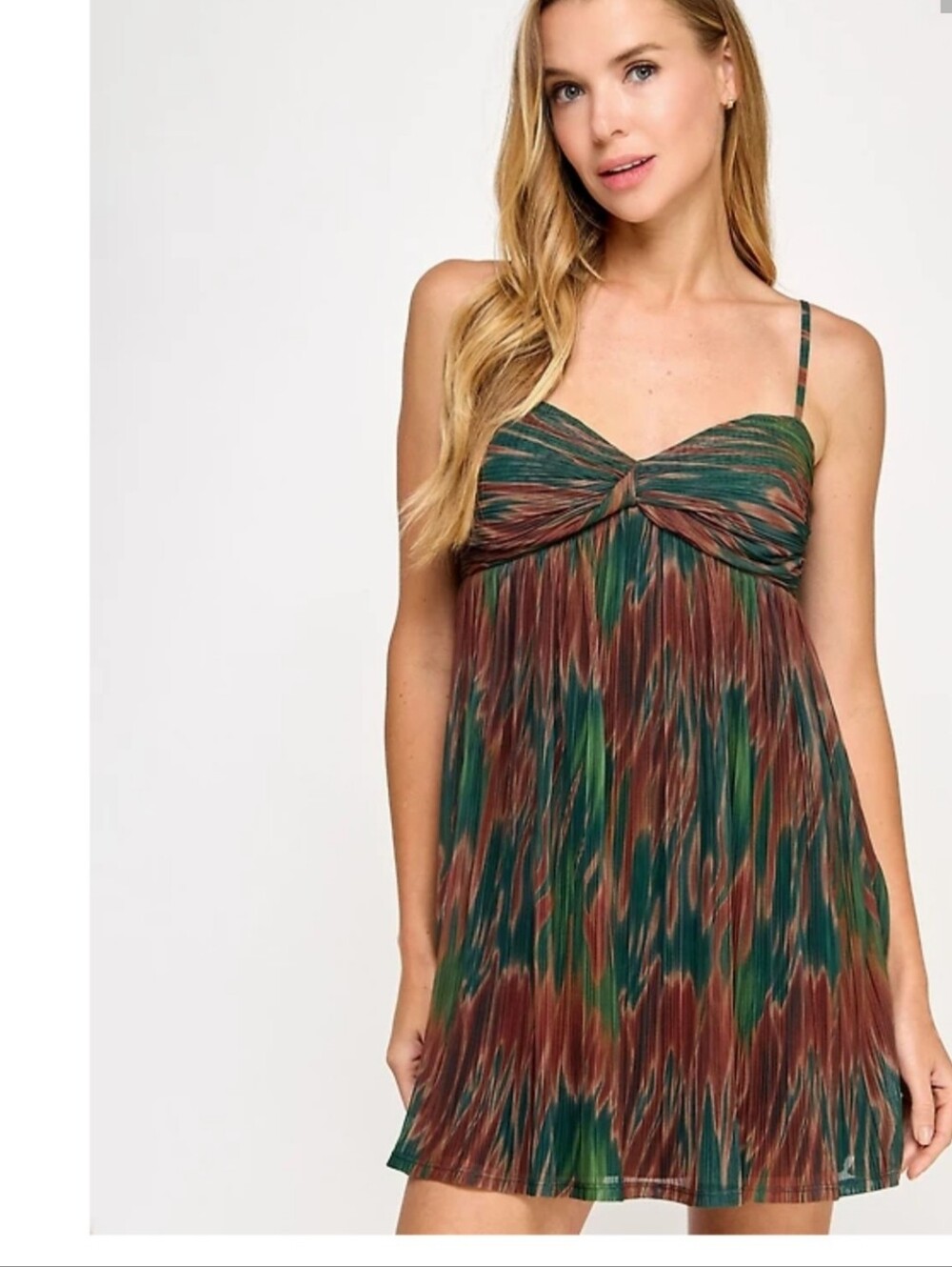 Seni & Cade Dress Size L Brown Hunter Green Pleated Mini Babydoll NWT Party